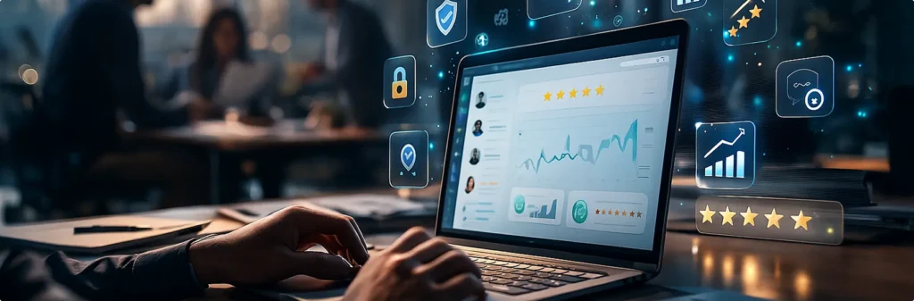 A man with a laptop finding good reviews